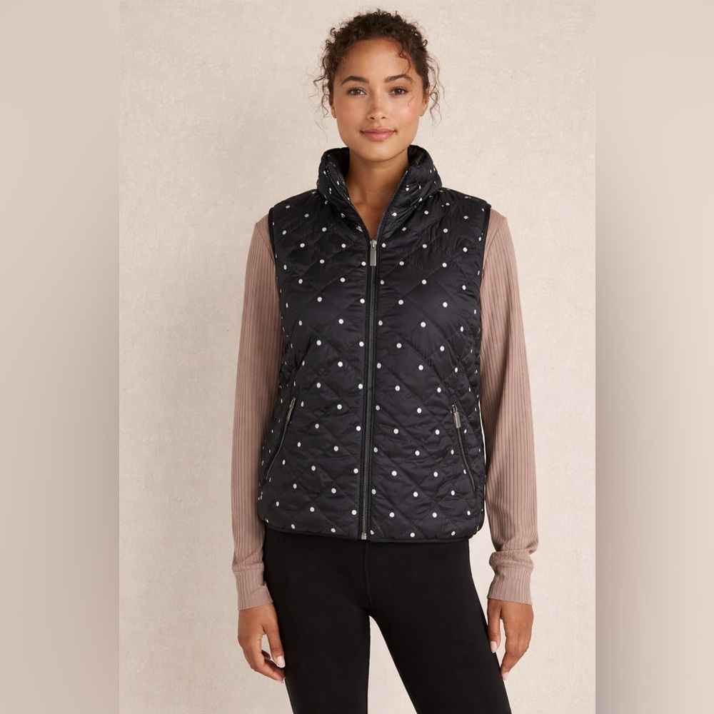 Talbots Petites P Polka Dot Quilted Puffer Vest Black White Zip Front